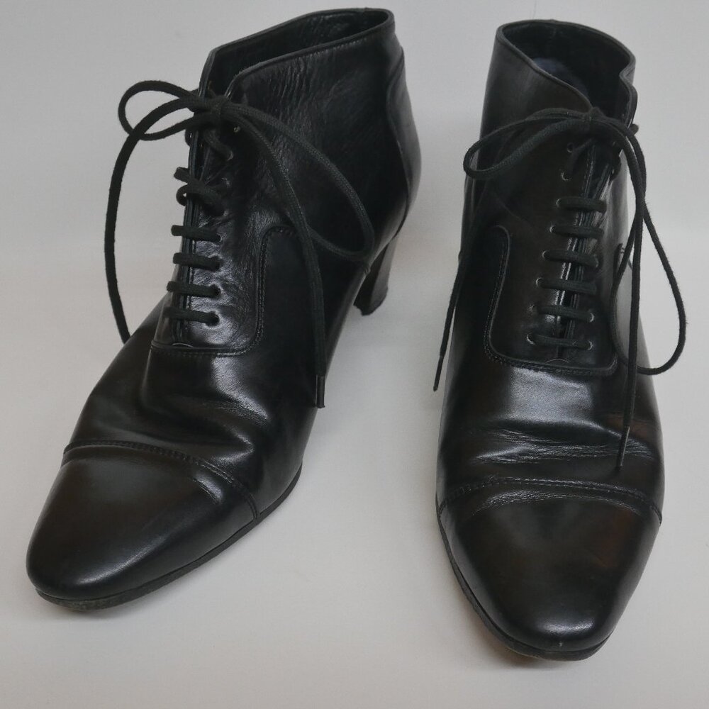 Robert Clergerie Black Butter Leather Lace-Up Ankle Boots Almond Toe France